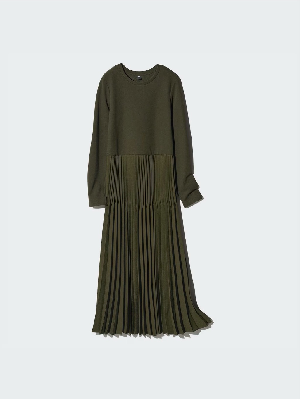 Uniqlo Olive Pleated Long-Sleeve Maxi Dress
